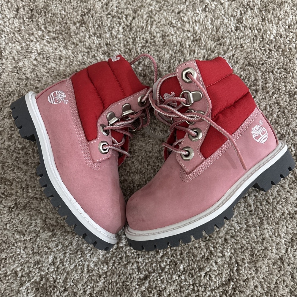 Timberland 6" 650 Puffer Boots girls Size 6 Pink Red Leather